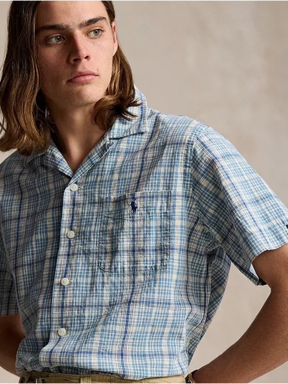 Polo Ralph Lauren Shirt Men's 2XL Linen Blend Camp Loop Collar Blue Plaid Resort